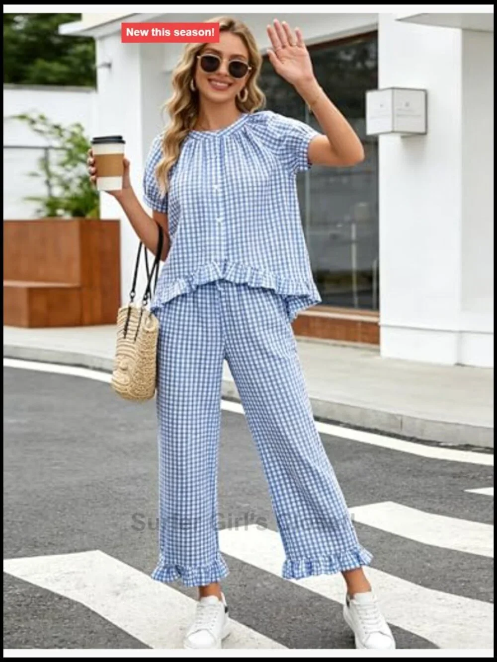 Women's 2 Piece Gingham Pajama Set Cotton Button Down Short Sleeve Ruffle
